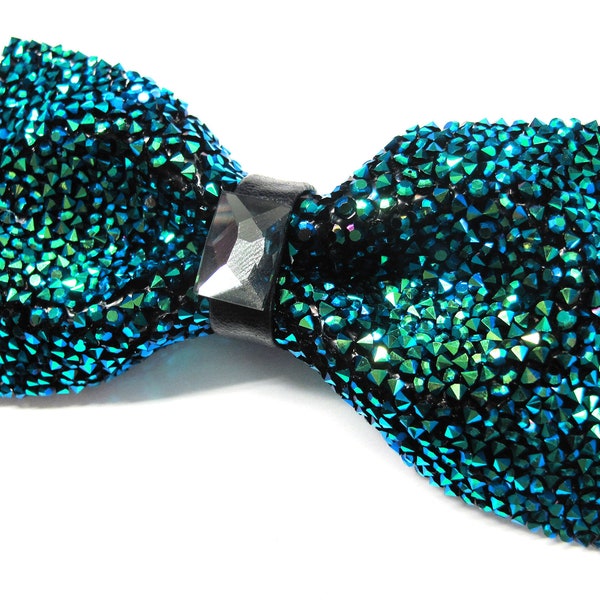 Mens Crystal Bow Tie Beaded Mermaid Green and Blue Adjustable Pre Tied Bow Tie