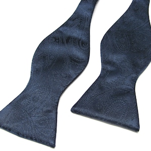 Free Style Mens Bow Tie. Navy Blue Paisley Self Tie Bowtie With Matching Pocket Square Option