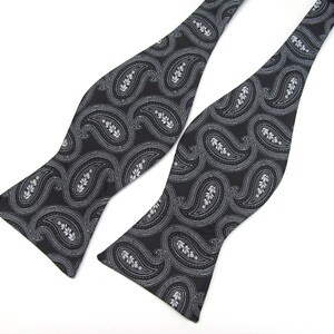 Mens Self Tie Bow Ties. Black Silver Paisley Free Style Bowtie With Matching Pocket Square