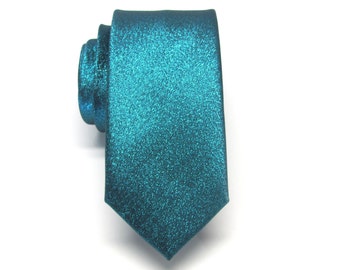 Mens Ties Necktie Metallic Lamé Teal Metallic Skinny Tie