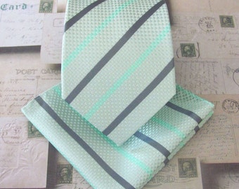 Mint Mens Tie. Mint Green and Gray Stripes Mens Necktie With Matching Pocket Square Option