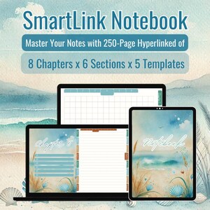 Pode incluir: Um caderno digital com uma capa com tema de praia. O caderno está aberto em uma página com o texto "Capítulo 6" e uma lista de marcadores. O caderno é exibido em um laptop e um tablet. O texto "SmartLink Notebook" é exibido na parte superior da imagem. O texto "Master Your Notes with 250-Page Hyperlinked of 8 Chapters x 6 Sections x 5 Templates" é exibido abaixo do título.