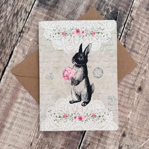 Handmade digitally designed bunny rabbit vintage inspired card - blank card - any occasion