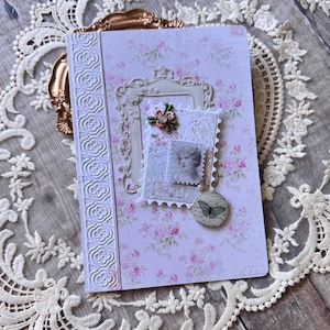 Handmade shabby chic style layered collage handmade card - embellished card