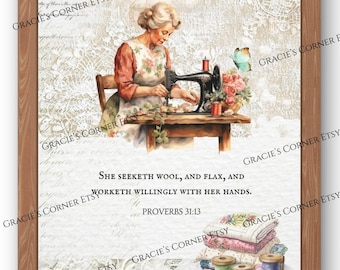 Christian digital download print A4 and USA 8.5 x 11 JPEG - Proverbs 31:13 - sewing vintage inspired