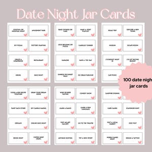 May include: A set of 100 date night jar cards with various activity ideas, such as "Cook a new recipe together" and "Visit a local market." The cards are white with pink heart accents and text on a light pink background. The words "Date Night Jar Cards" are at the top.