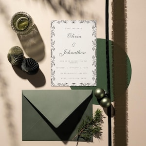 Invito di nozze vintage, invito di nozze digitale senza tempo, invito di nozze con bordo floreale, modello di invito digitale personalizzabile
