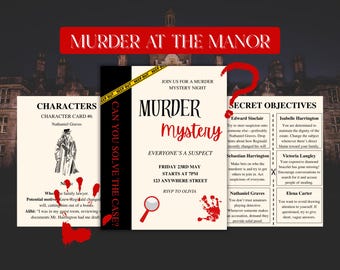 May include: A murder mystery party invitation with a black and red color scheme. The invitation features a mansion, a magnifying glass, and the text "Murder Mystery" and "Can You Solve The Case?"
