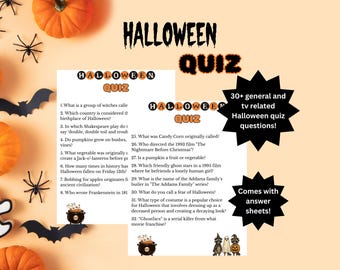 May include: A Halloween-themed quiz with questions about the holiday and related TV shows. The image includes pumpkins, bats, spiders, and the text "Halloween Quiz". The quiz comes with answer sheets.