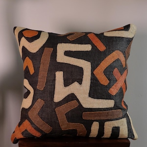 Kuba Cloth Pillow | African Kuba Cloth Cushion Cover | Boho Throw Pillows | Decorative Pillows | Authentic Congo Raffia Applique (20&quot;x20”)