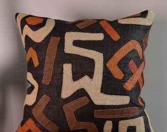 Kuba Cloth Pillow Cover | Handwoven Raffia Applique, Congo Art (20"x20")