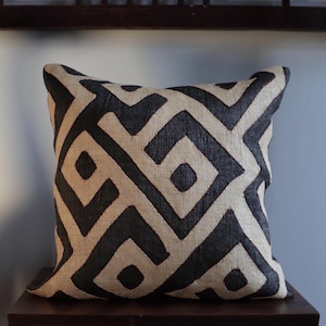 Kuba Cloth Pillow | African Kuba Cloth Cushion Cover | Boho Throw Pillows | Decorative Pillows | Authentic Congo Raffia Applique (20&quot;x20”)