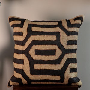 Kuba Cloth Pillow | African Kuba Cloth Cushion Cover | Boho Throw Pillows | Decorative Pillows | Authentic Congo Raffia Applique (20&quot;x20”)