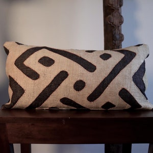 Kuba Cloth Pillow | African Kuba Cloth Cushion Cover | Boho Throw Pillows | Decorative Pillows | Authentic Congo Raffia Applique (20&quot;x10”)