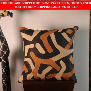 Kuba Cloth Pillow | African Kuba Cloth Cushion Cover | Boho Throw Pillows | Decorative Pillows | Authentic Congo Raffia Applique (20&quot;x20”)