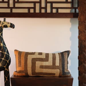 Kuba Cloth Pillow | African Kuba Cloth Cushion Cover | Boho Throw Pillows | Decorative Pillows | Authentic Congo Raffia Applique (20&quot;x10”)