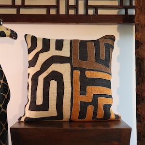 Kuba Cloth Pillow | African Kuba Cloth Cushion Cover | Boho Throw Pillows | Decorative Pillows | Authentic Congo Raffia Applique (20&quot;x20”)