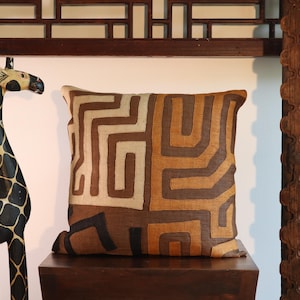 Kuba Cloth Pillow | African Kuba Cloth Cushion Cover | Boho Throw Pillows | Decorative Pillows | Authentic Congo Raffia Applique (20&quot;x20”)