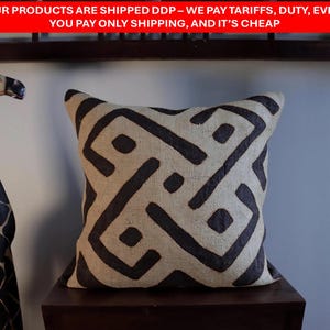 Kuba Cloth Pillow | African Kuba Cloth Cushion Cover | Boho Throw Pillows | Decorative Pillows | Authentic Congo Raffia Applique (20&quot;x20”)