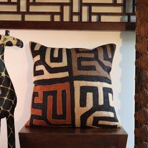Kuba Cloth Pillow | African Kuba Cloth Cushion Cover | Boho Throw Pillows | Decorative Pillows | Authentic Congo Raffia Applique (20&quot;x20”)