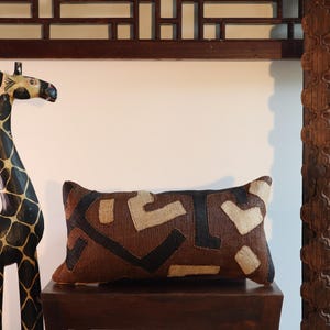 Kuba Cloth Pillow | African Kuba Cloth Cushion Cover | Boho Throw Pillows | Decorative Pillows | Authentic Congo Raffia Applique (20&quot;x10”)