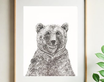 Hand-drawn bear print | Bear wall art | Black and white print | Woodland animals | Animal prints | Nursery decor | Kids room printable art