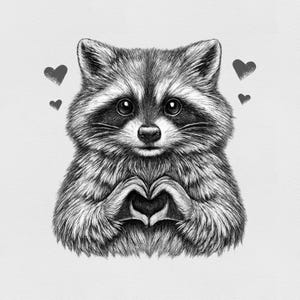 Puede incluir: Ilustración en blanco y negro de un mapache formando un corazón con sus manos. El mapache tiene un pelaje esponjoso y ojos oscuros. Tres pequeños corazones flotan cerca de su cabeza, sobre un fondo blanco.