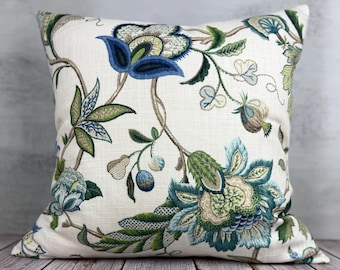 Floral Linen Pillow Cover: Jacobean Print, Sapphire or Pink