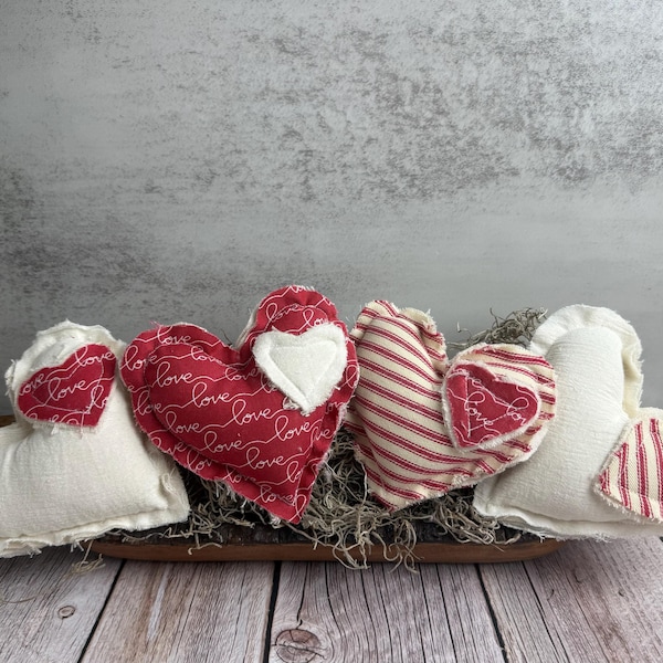 4 Farmhouse Valentine Hearts: Stuffed Fabric Bowl Filler - Set of 4