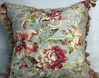 Floral Toile Pillow Cover: Jewel Fresco Flourish Cotton with Gold Tassel Trim
