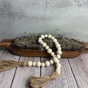 Farmhouse Natural Wood Bead Garland, Tiered Tray Decor, Beaded Garland, Natural Beads, Farmhouse decor, Garland with Tassel