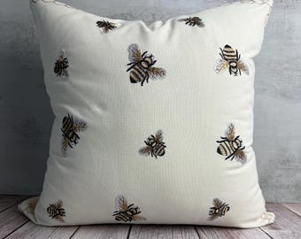 Embroidered Bees Pillow Cover / Honeybee Decor/Farmhouse Decor/ Gift