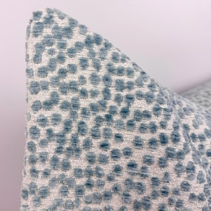 May include: Close-up of a decorative pillow with a textured, dotted pattern. The pillow features a light blue design on a neutral background. The fabric appears soft and plush, suitable for home decor.