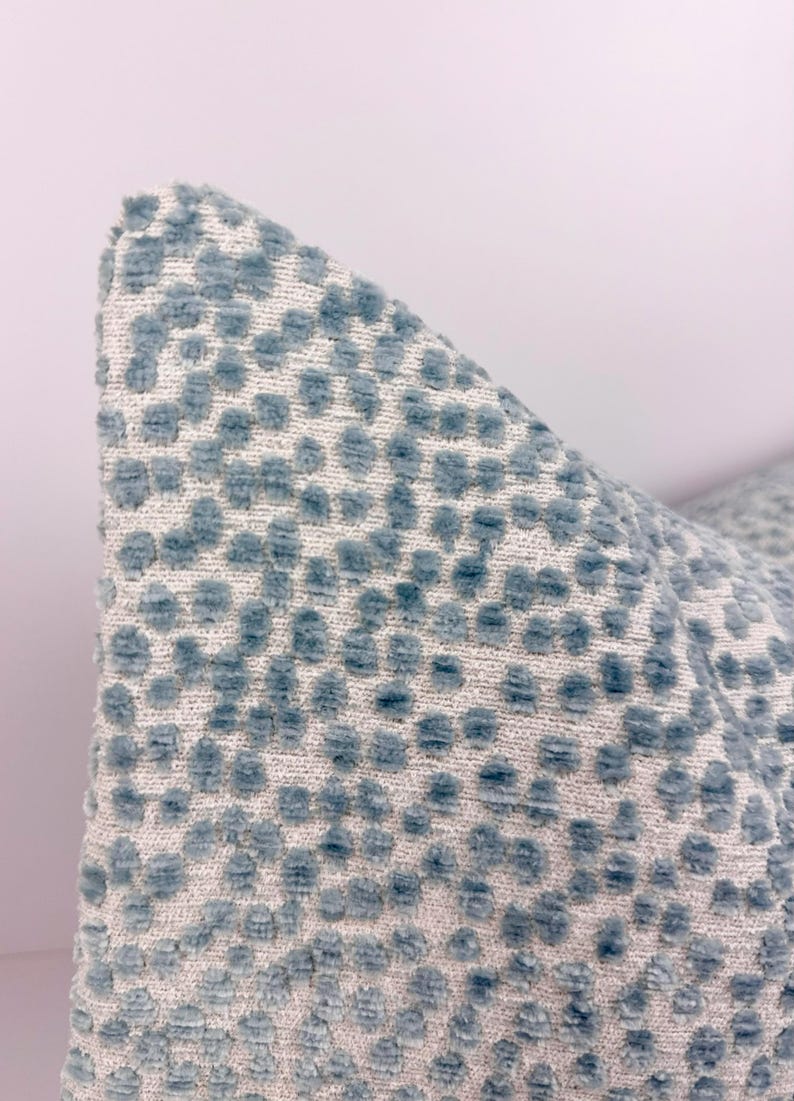 May include: Close-up of a decorative pillow with a textured, dotted pattern. The pillow features a light blue design on a neutral background. The fabric appears soft and plush, suitable for home decor.