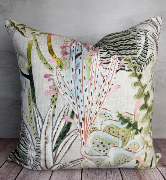 Pastel Floral Pillow Cover: Hamilton Springwood Cotton Cushion with pink brushed fringe detail.