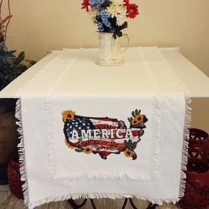Patriotic Table Runner: USA Map, Farmhouse Frayed Edges