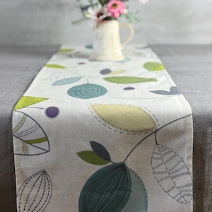 May include: A rectangular table runner with a botanical leaf pattern in shades of green, teal, and gray on a cream background. A small vase with flowers sits on the runner. The runner is on a gray table.