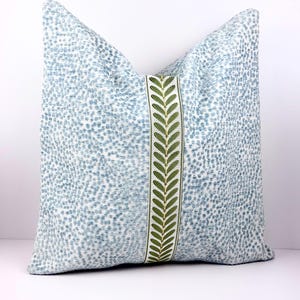 Mist Blue Chenille Pillow Cover, Dotted Textured Accent Pillow, Embroidered Leaf Trim Decor image 1