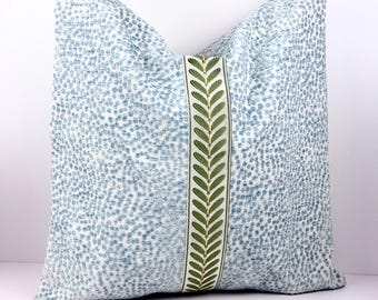 Mist Blue Chenille Pillow Cover, Dotted Textured Accent Pillow, Embroidered Leaf Trim Decor