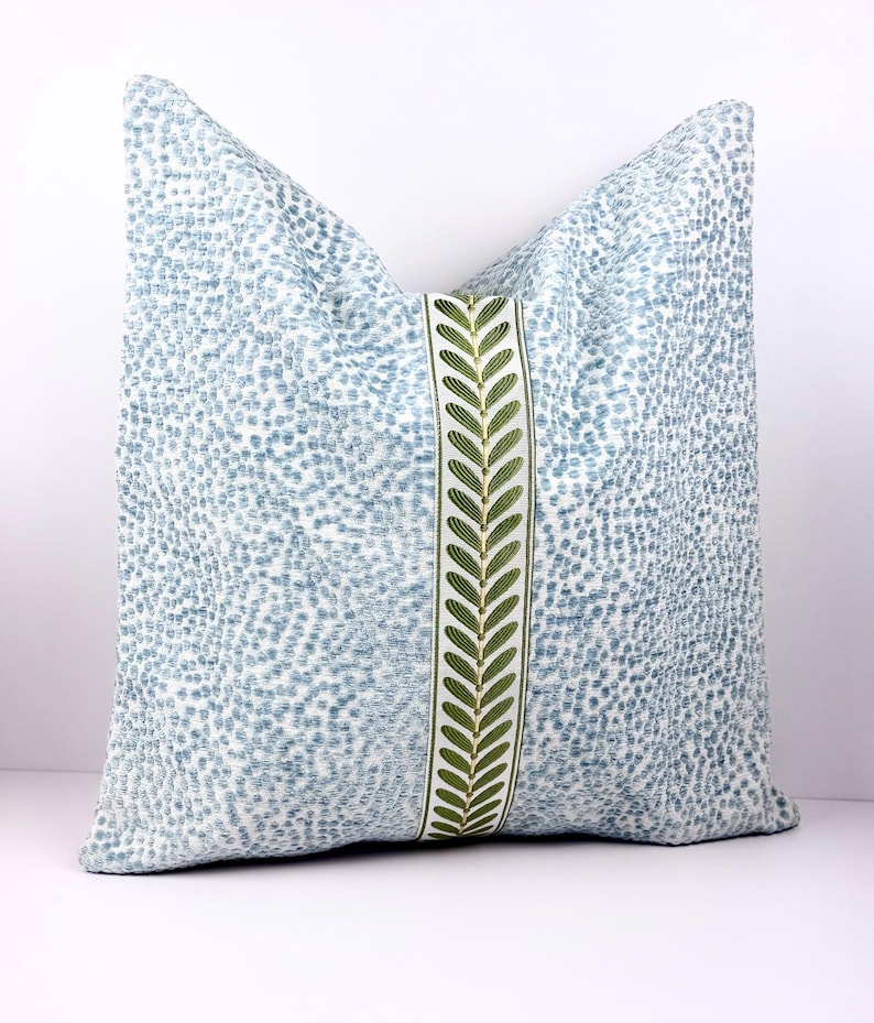 Mist Blue Chenille Pillow Cover, Dotted Textured Accent Pillow, Embroidered Leaf Trim Decor image 1