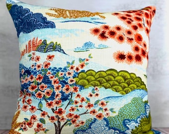 Blossom Floral Garden Throw pillow, Modern pillow cover, Coral, Blue, Green, Lumbar size, 18x18,20x20,22x22,24x24,26x26