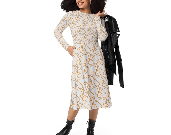 All-over print long sleeve midi dress