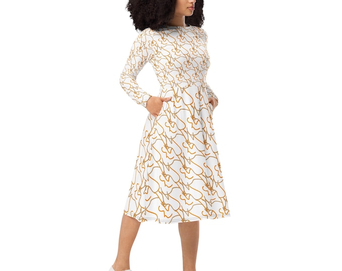 All-over print long sleeve midi dress