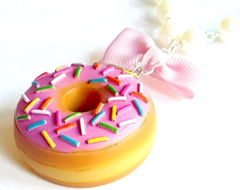 Donut Necklace, Large Doughnut Pendant Necklace, Kawaii Necklace, Polymer Clay Miniature Food Jewelry