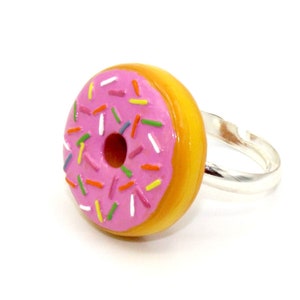 Sprinkle Donut Ring, Pink Doughnut Ring, Miniature Food, Kawaii Jewelry, Gift Idea for Daughter, Adjustable Ring