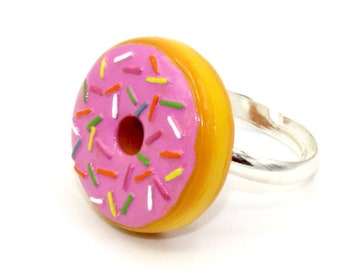 Sprinkle Donut Ring, Pink Doughnut Ring, Miniature Food, Kawaii Jewelry, Gift Idea for Daughter, Adjustable Ring