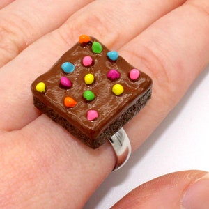 Brownie Ring, Gift Ideas for Best Friend, Lunchbox Ring, Rainbow Sprinkle Brownie Ring, Adjustable, Polymer Clay Food Charm, Kawaii Jewelry