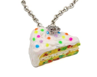Confetti Cake Necklace, Funfetti Birthday Cake Slice Charm Necklace, Sterling Silver Food Jewelry