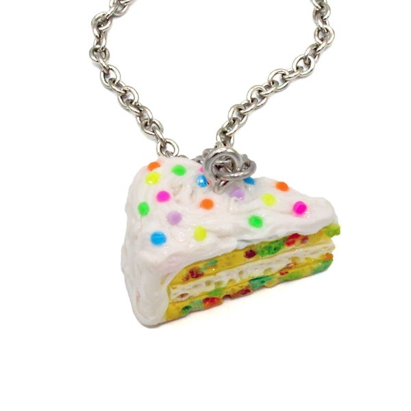 Collier de gâteau de confettis, collier de charme de tranche de gâteau d'anniversaire de Funfetti, bijoux de nourriture d'argent sterling