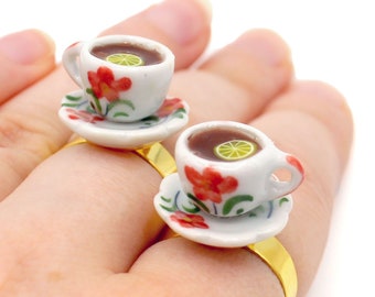 Cute Statement Ring Cup of Tea Teacup Jewelry Gold or Silver Adjustable Handmade Gift for Girlfriend Friend Lolita Accessories